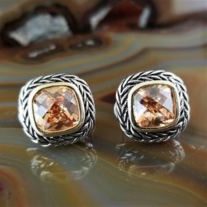 Designer Inspired Silver & Gold Champagne CZ Princess Cut Cable Earrings